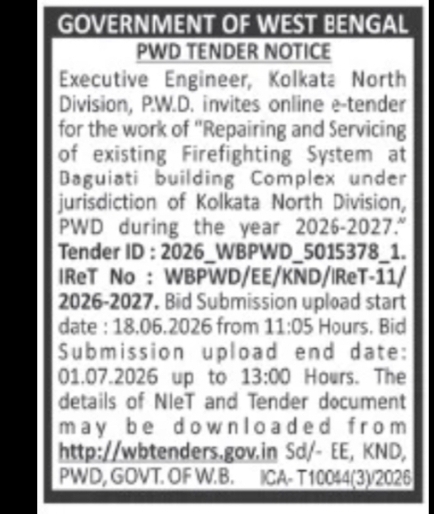 PWD Tender Notice – Firefighting System Repair, Kolkata North Division