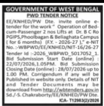 PWD Tender Notice – Operation of Lifts at Dr. B.C. Roy PGIPS, Kolkata