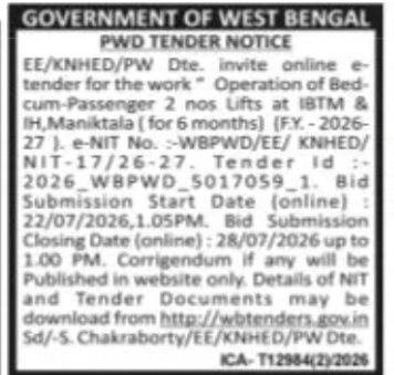 PWD Tender Notice – Operation of Lifts at IBTM & IH, Maniktala