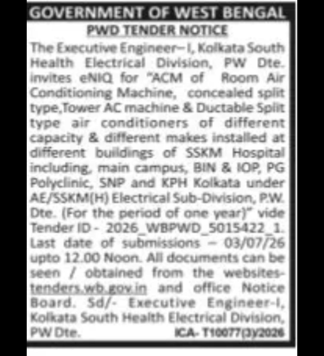 PWD TENDER NOTICE – SSKM Hospital Electrical Maintenance