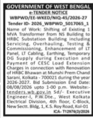 PWD Tender Notice – Transformer Shifting and Electrical Renovation