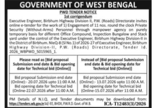 PWD Tender – Security Personnel Services in Birbhum