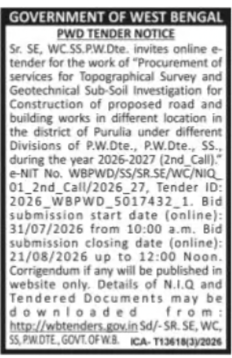 PWD Tender – Topographical Survey & Geotechnical Investigation