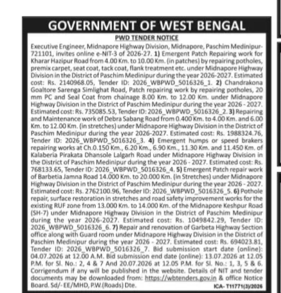 PWD West Bengal e-Tender – Road Repair & Maintenance Works in Paschim Medinipur