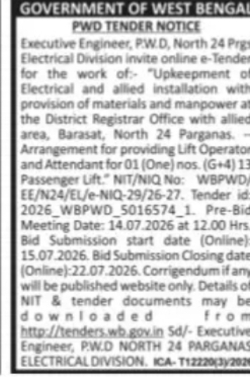 PWD West Bengal Tender for Electrical Work and Lift Operator Services