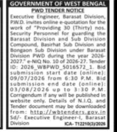 PWD West Bengal Tender for Security Services at Barasat Division