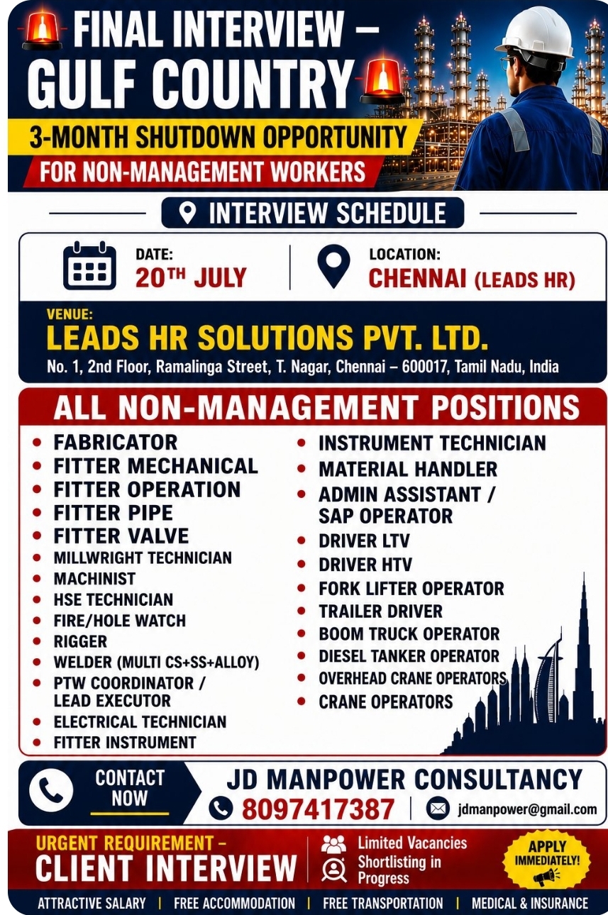 QATAR CLIENT INTERVIEW IN CHENNAI ON 20TH JULY - LEEDS HR SOLUTION