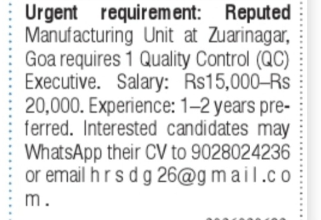 Quality Control Executive Required – Zuarinagar, Goa