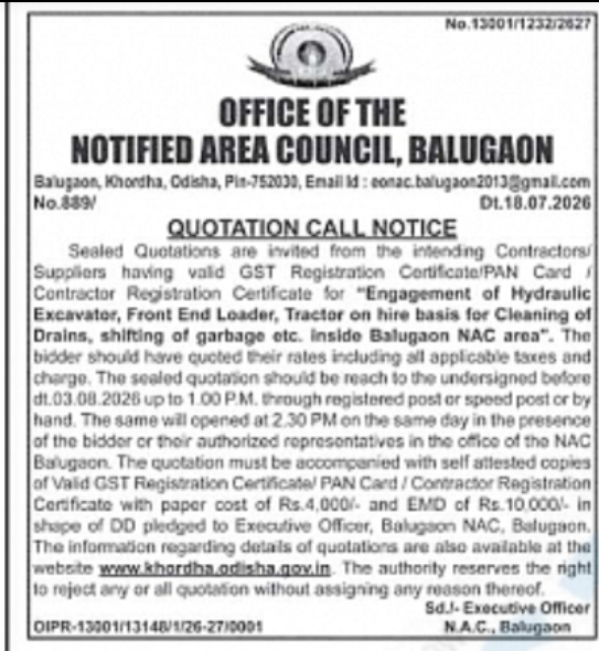 Quotation Call Notice – Engagement of Hydraulic Excavator, Front End Loader & Tractor on Hire Basis