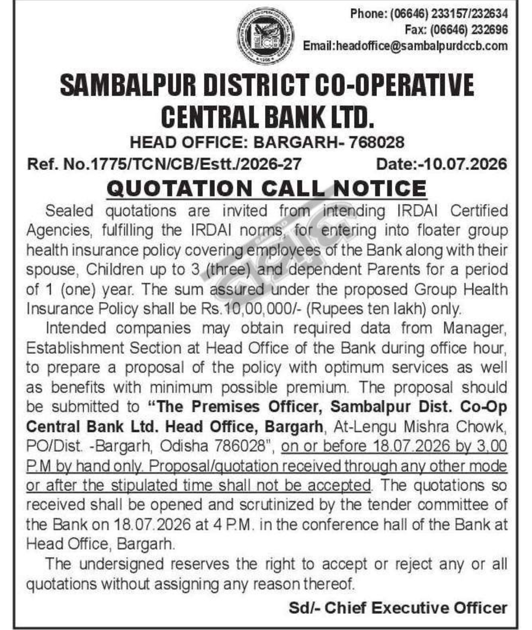 Quotation Call Notice – Group Health Insurance Policy | Sambalpur District Co-operative Central Bank Ltd.