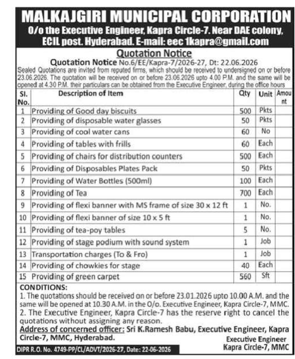 Quotation Notice – Malakajgiri Municipal Corporation (Kapra Circle-7), Hyderabad