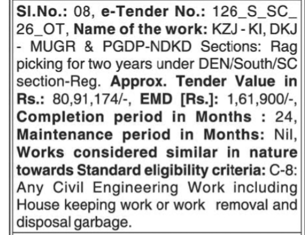 Rag Picking Services Tender – KZJ-KI, DKJ, MUGR and PGDP-NDKD Sections