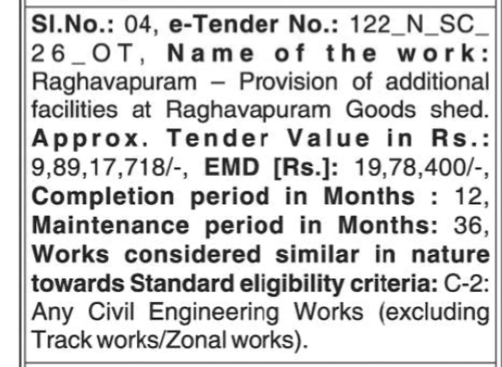 Raghavapuram Goods Shed Additional Facilities Tender
