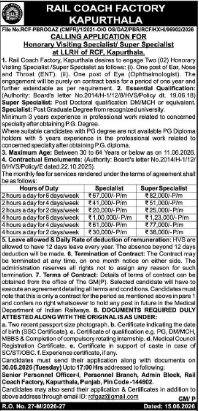 Rail Coach Factory Kapurthala Invites Applications for Honorary Visiting Specialists
