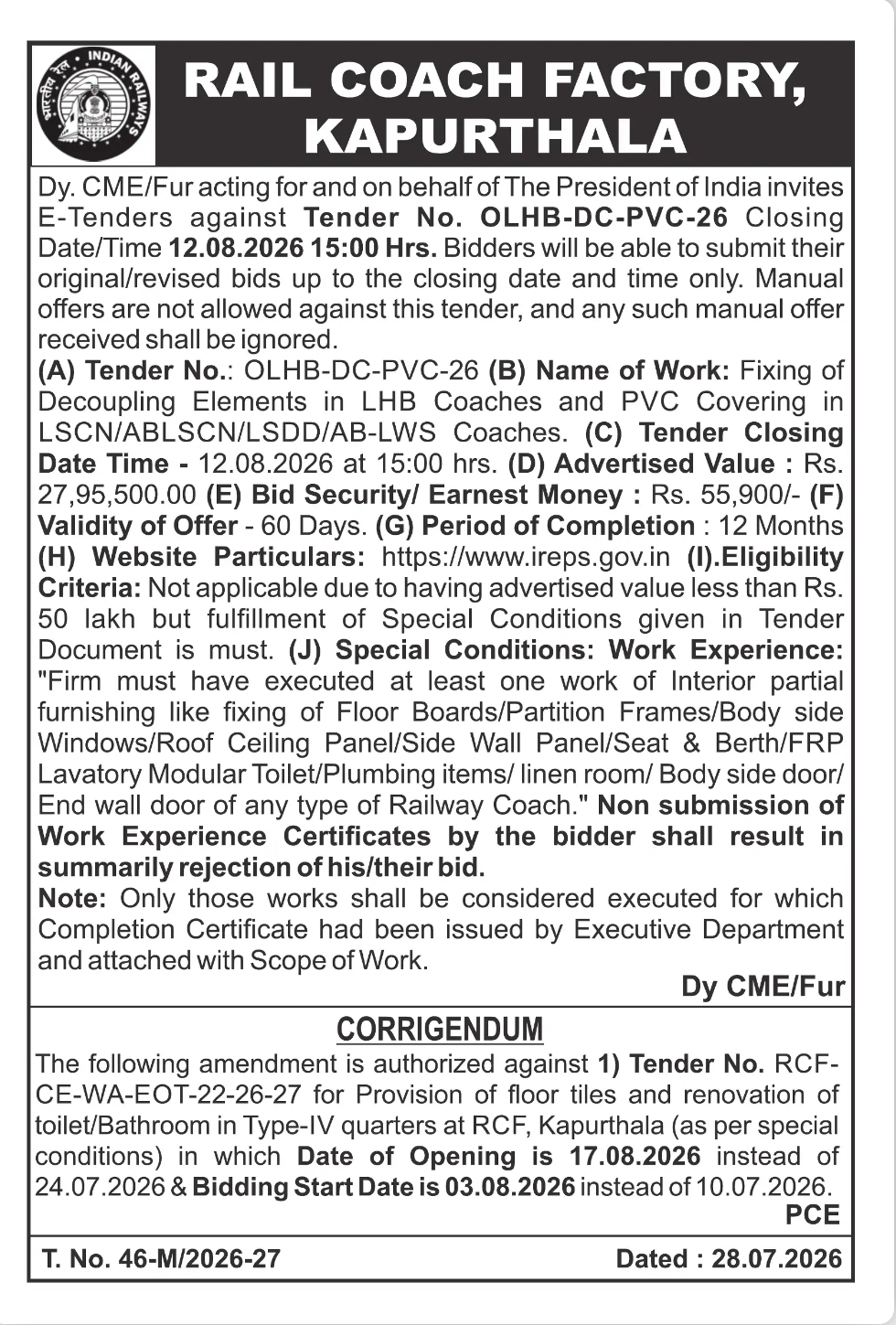 Rail Coach Factory Kapurthala Invites E-Tender for Coach Furnishing Work