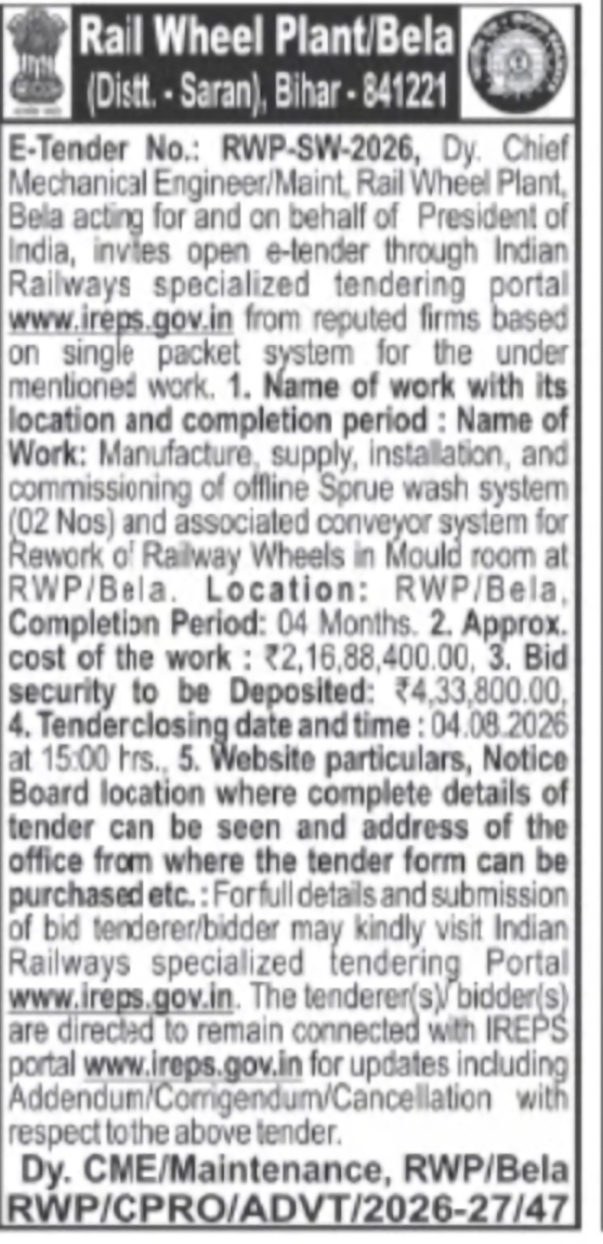 Rail Wheel Plant, Bela (Bihar) – Sprue Wash System Tender