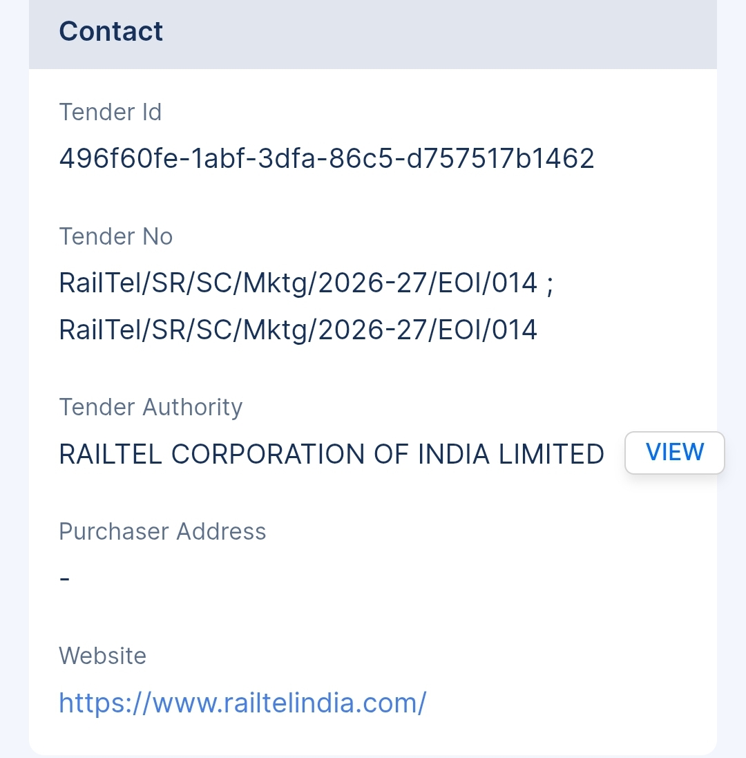 Railtel Corporation Of India Limited - RAILTEL Tender - Telangana Tender