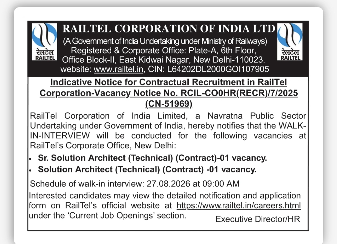 RailTel Job Vacancy 2026 – Walk-in Interview for Solution Architect Posts