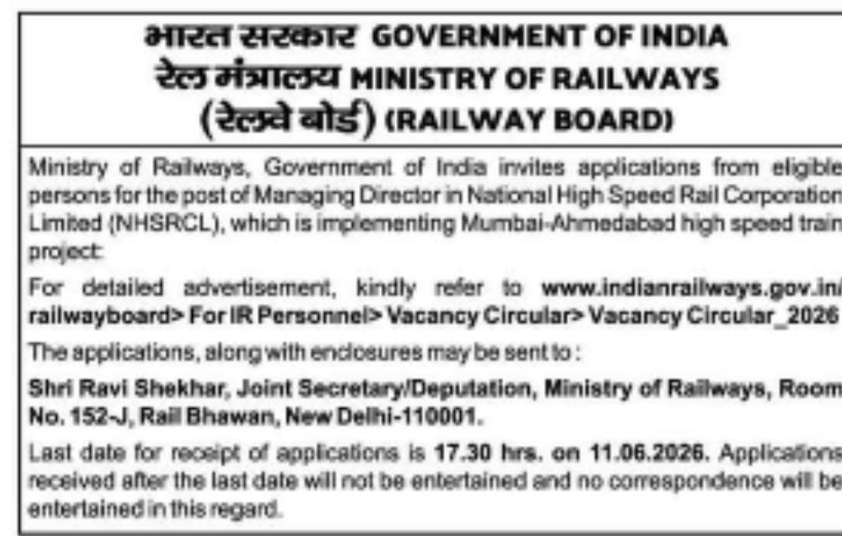 Railway Board Invites Applications for NHSRCL Managing Director Post