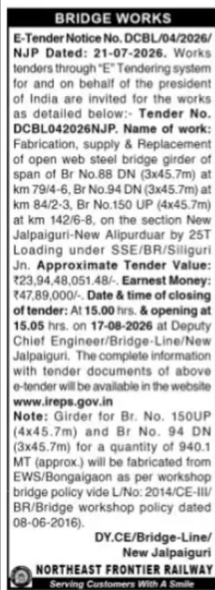 Railway Bridgeworks E-Tender – New Jalpaiguri