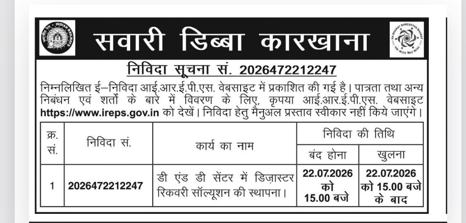 Railway E-Tender Notice – Disaster Recovery Solution Installation at D&D Center