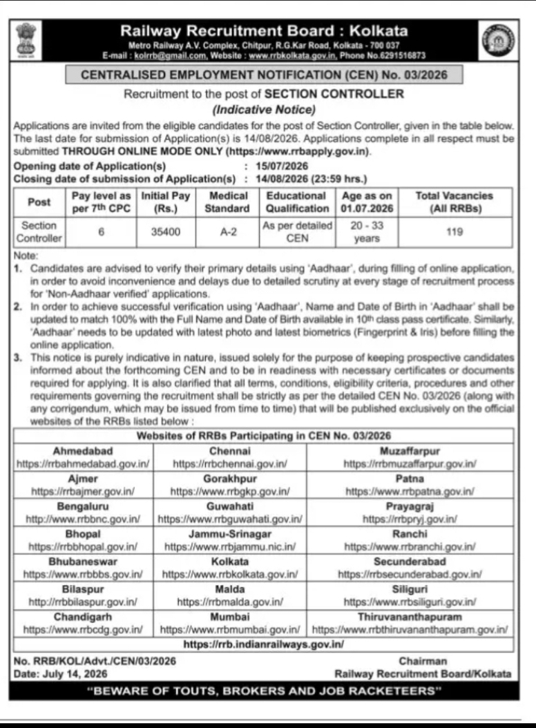 Railway Recruitment Board Recruitment 2026 – Section Controller Posts