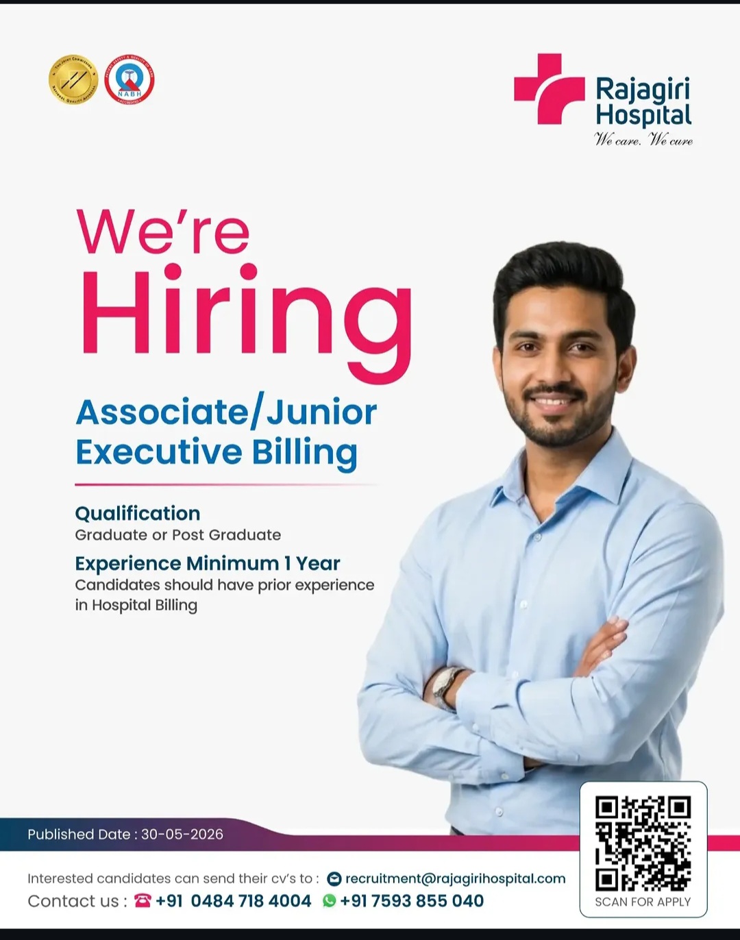 Rajagiri Hospital is hiring for the position of Associate/Junior Executive – Billing.