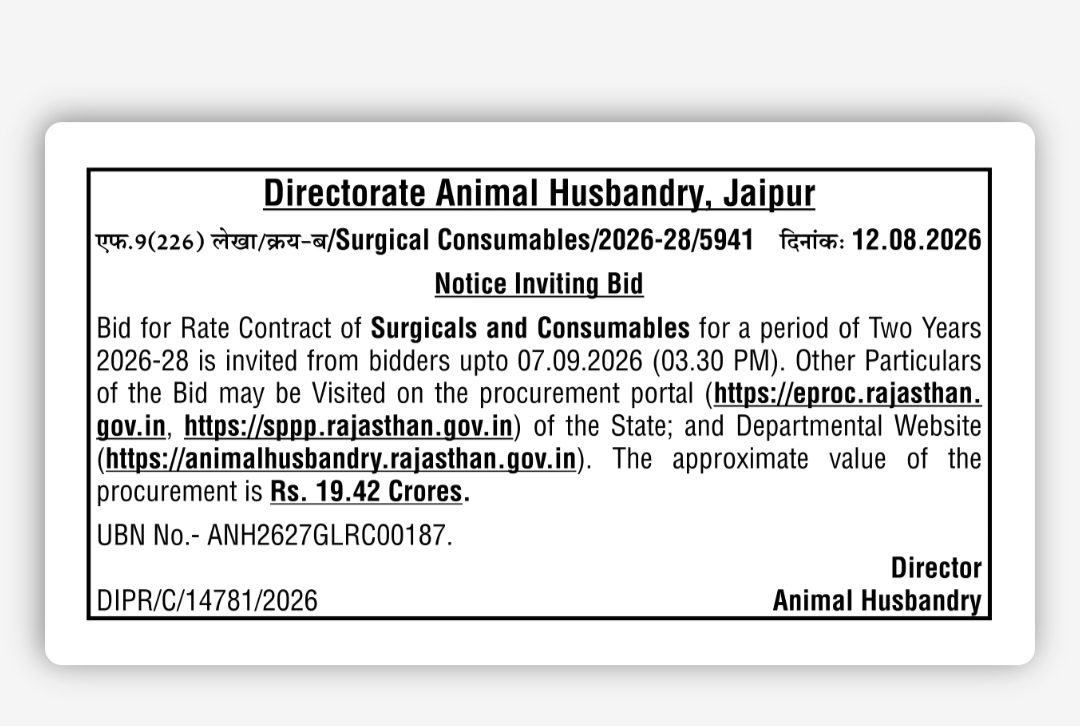Rajasthan Animal Husbandry Department – Tender for Surgicals & Consumables