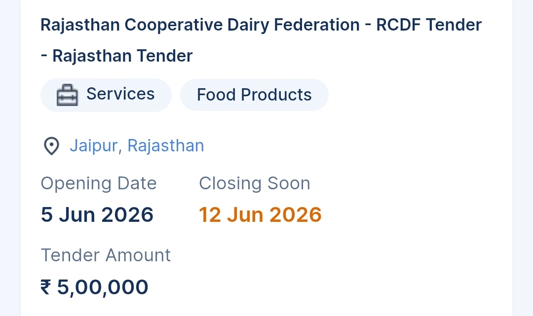 Rajasthan Cooperative Dairy Federation - RCDF Tender - Rajasthan Tender