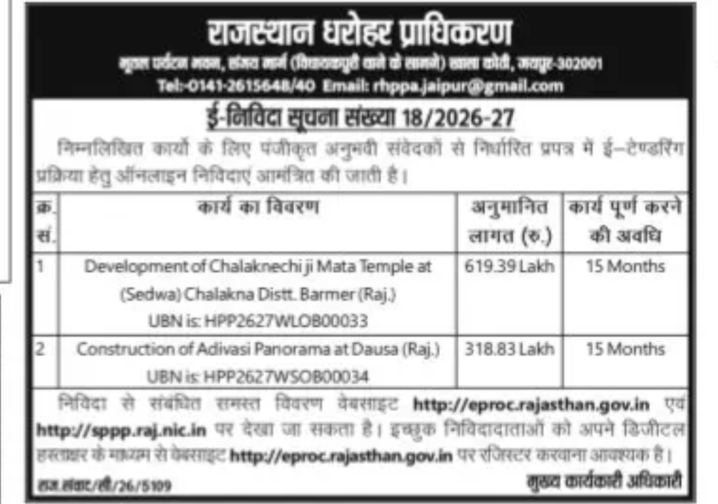 Rajasthan Heritage Conservation & Promotion Authority (RHPA), Jaipur E-Tender Notice No. 18/2026-27