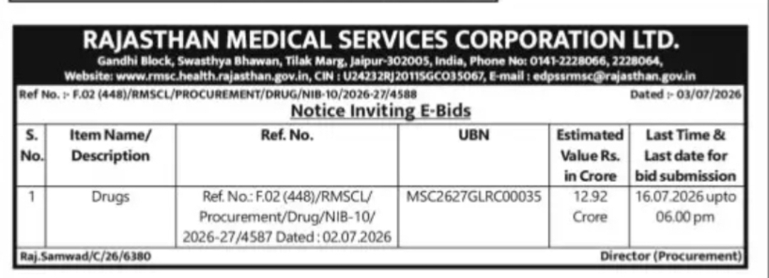 Rajasthan Medical Services Corporation Invites E-Bids for Drug Procurement