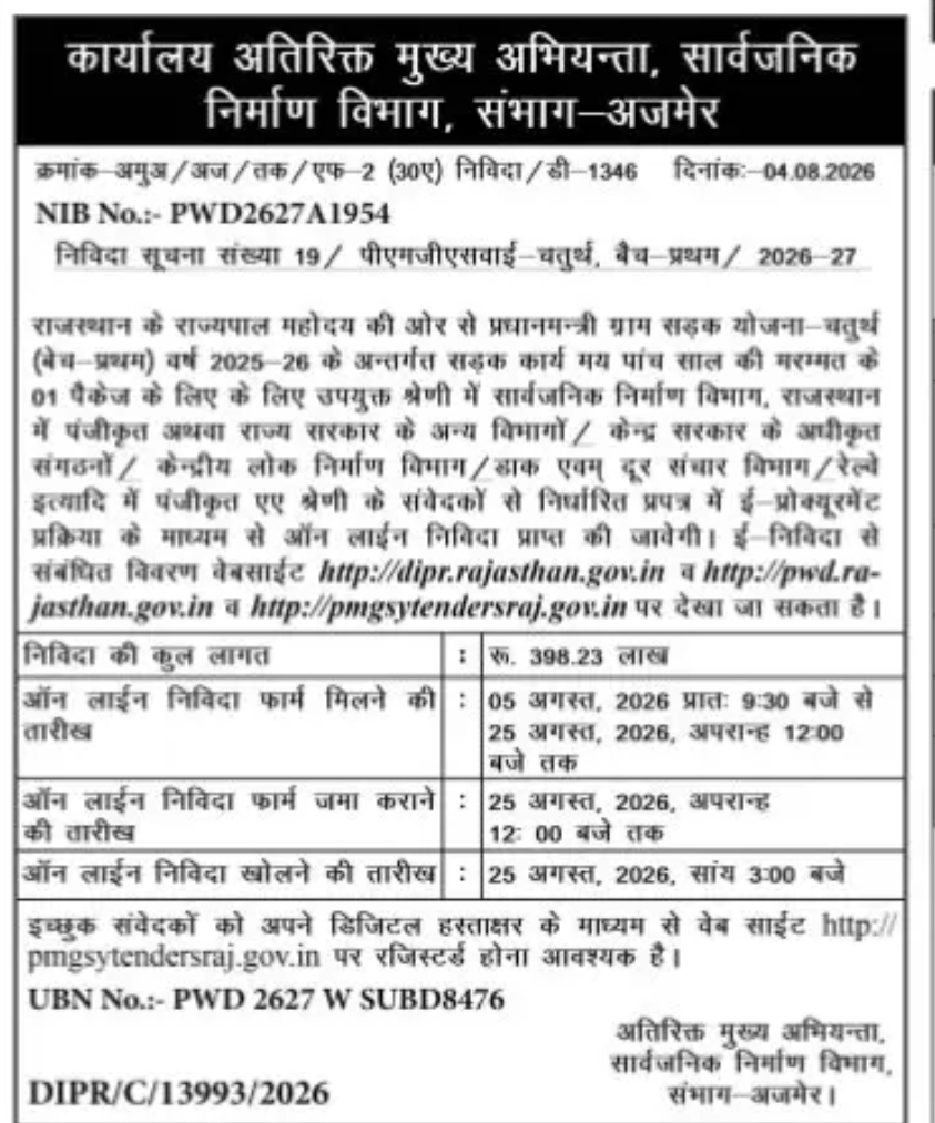 Rajasthan PWD PMGSY Tender – Ajmer Division