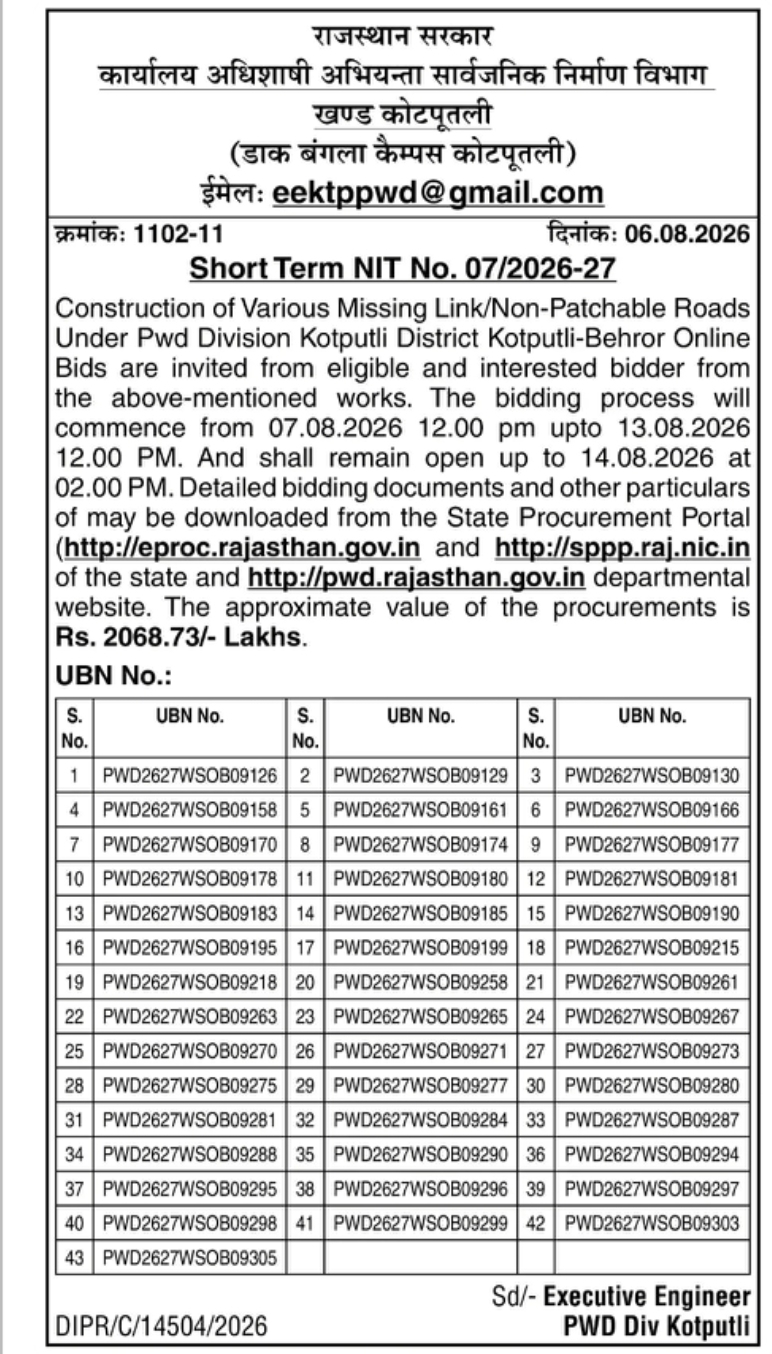 Rajasthan PWD Tender – Construction of Missing Link/Non-Patchable Roads