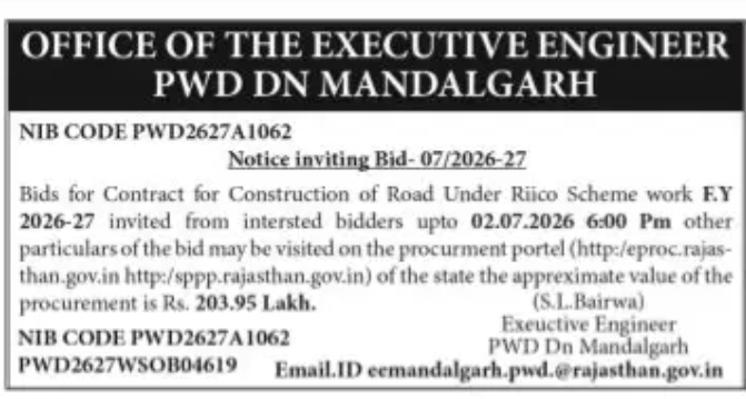 Rajasthan PWD Tender Notice – Road Construction Work (RIICO Scheme)