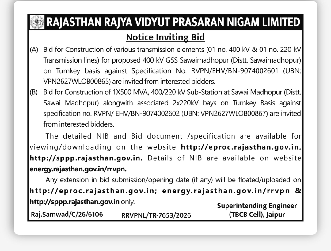Rajasthan Rajya Vidyut Prasaran Nigam Limited Invites Turnkey Bids for Transmission Lines & 400/220 kV Sub-Station at Sawai Madhopur