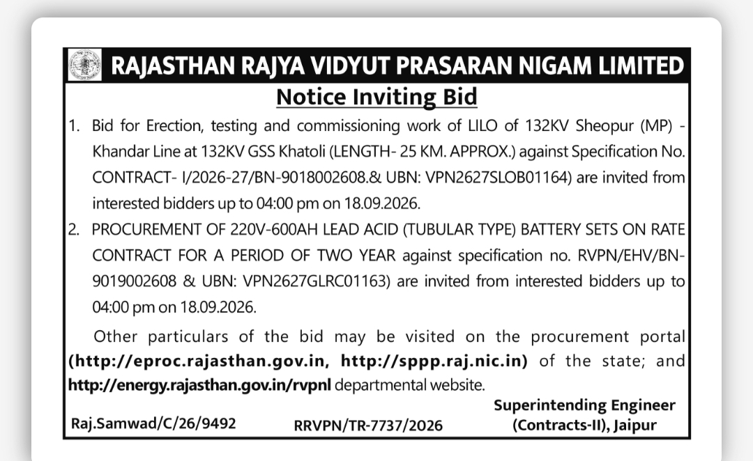 Rajasthan Rajya Vidyut Prasaran Nigam Limited – Notice Inviting Bid