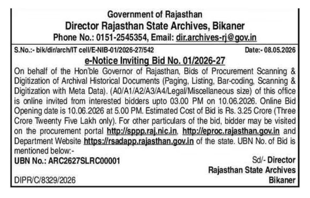 Rajasthan State Archives – Scanning & Digitization Bid