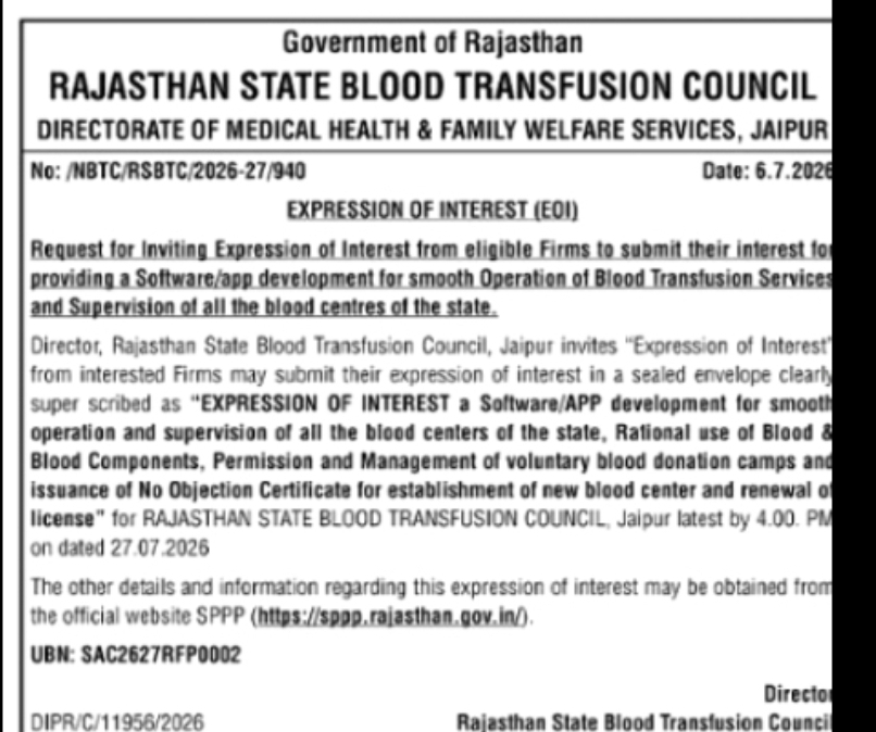 Rajasthan State Blood Transfusion Council Invites EOI for Software/App Development