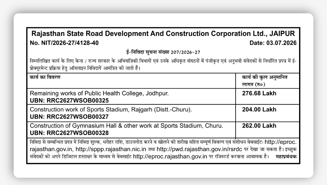 Rajasthan State Road Development and Construction Corporation Ltd. Invites E-Tenders for Public Health College and Sports Infrastructure Works