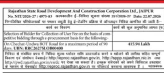 Rajasthan State Road Development and Construction Corporation (RSRDC) – Toll Collection Tender