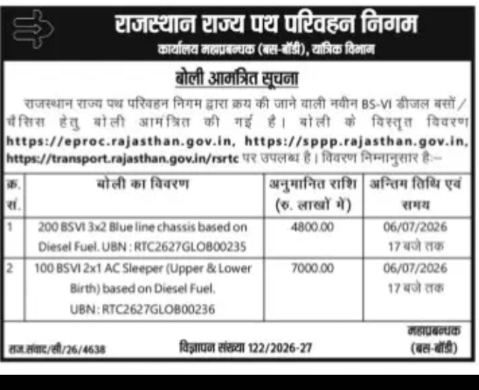Rajasthan Transport Department Tender Notice
