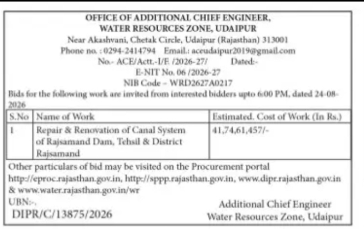 Rajasthan WRD – Repair & Renovation of Rajsamand Dam Canal System