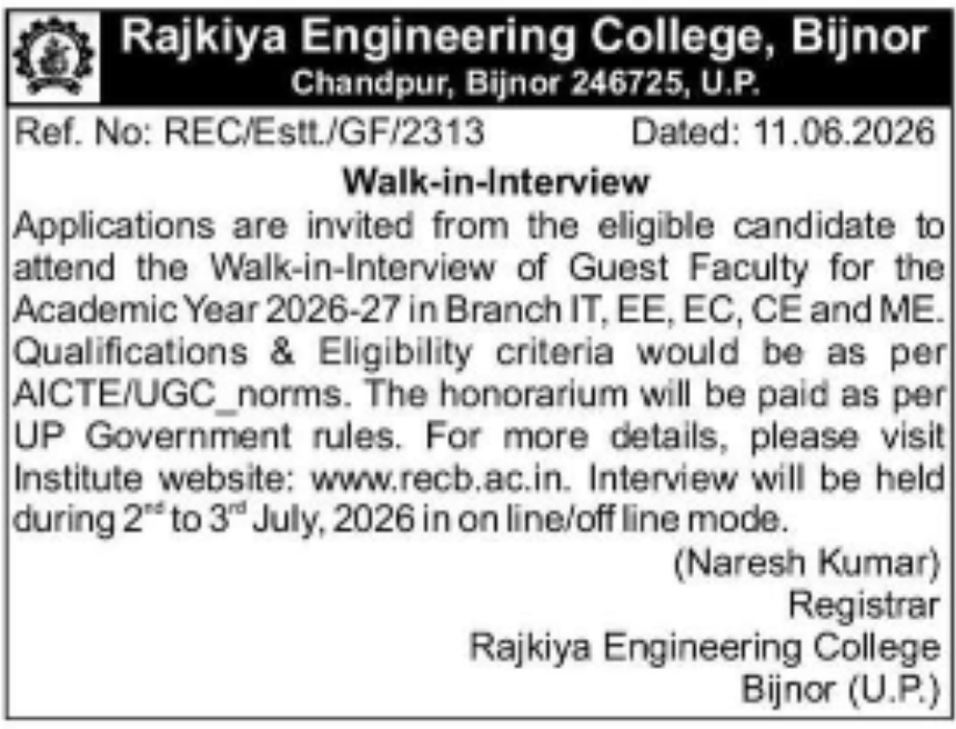 Rajkiya Engineering College Bijnor Guest Faculty Walk-in Interview 2026-27 Notification