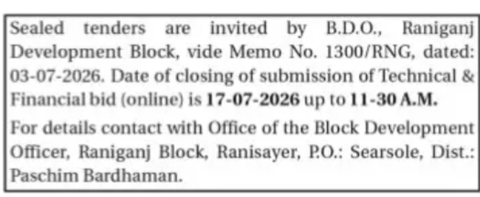 Raniganj Development Block Invites Sealed Tenders