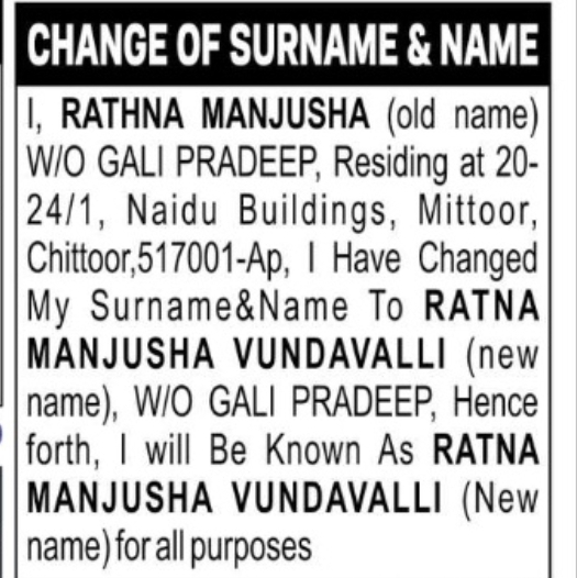 Rathna Manjusha Changed Name to Ratna Manjusha Vundavalli