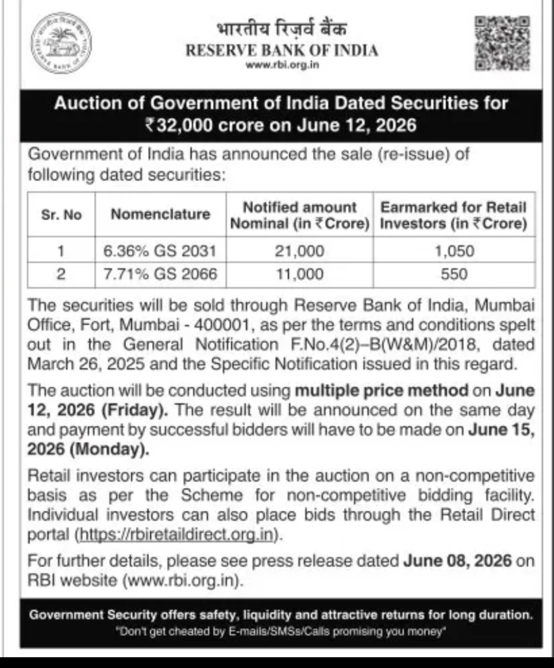 RBI Announces Auction of Government Securities Worth ₹32,000 Crore