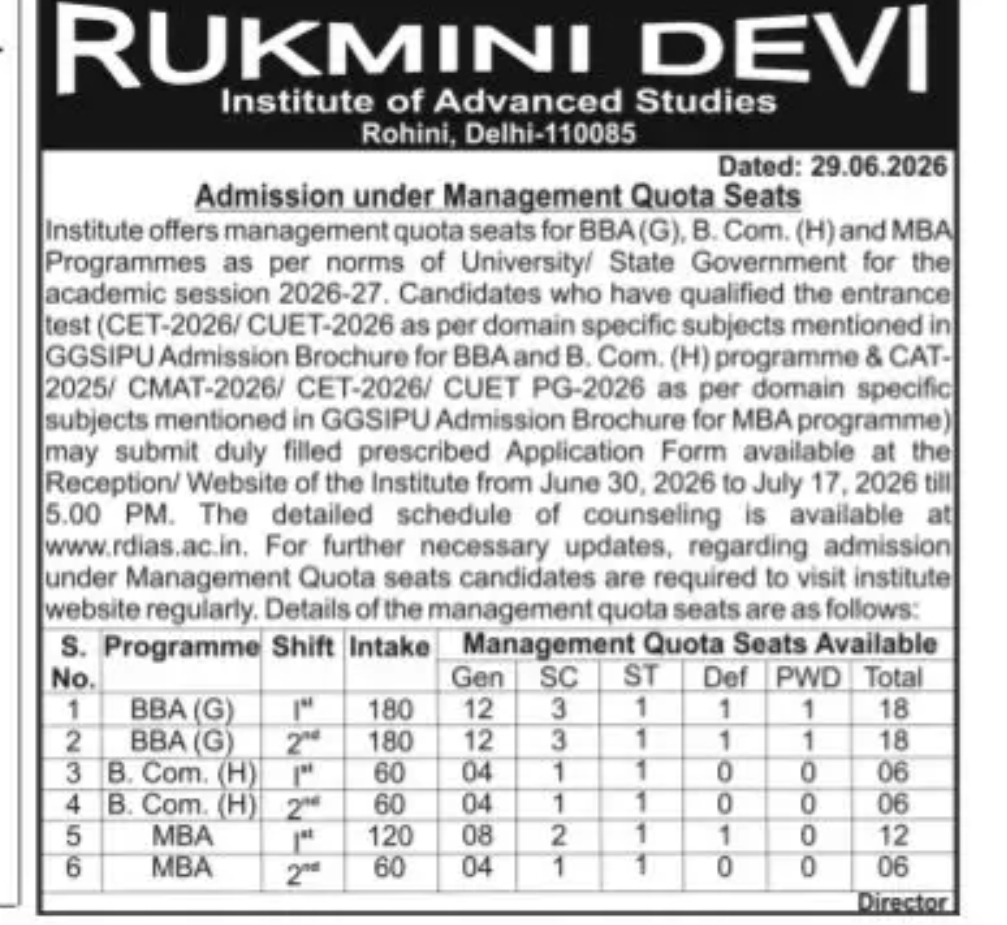RDIAS Delhi Admissions 2026–27 Under Management Quota