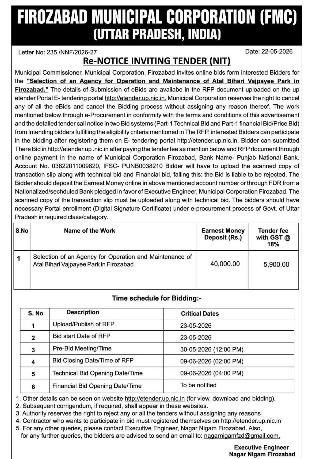 RE-NOTICE INVITING TENDER (NIT)