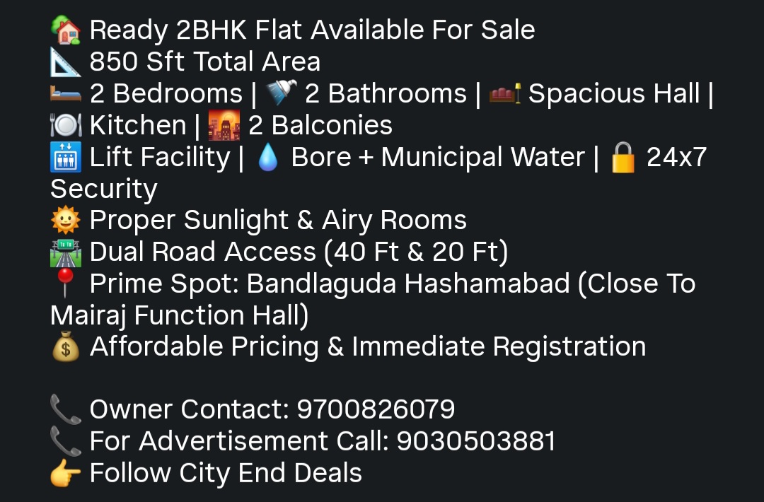 READY 2BHK FLAT FOR SALE – BANDLAGUDA HASHAMABAD 🏡