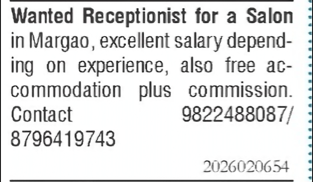 Receptionist Required for Salon – Margao, Goa